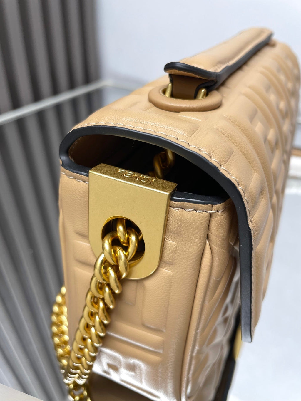 Fend Baguette 24 Bag with Ff Motif Beige Leather Ghw