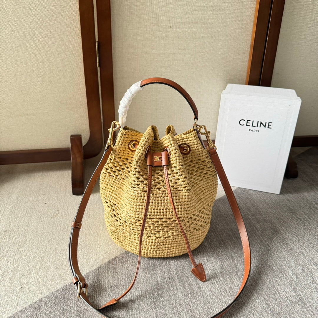 Celine Clara Classic Panier 25 in Beige Raffia and Brown Calfskin Bag