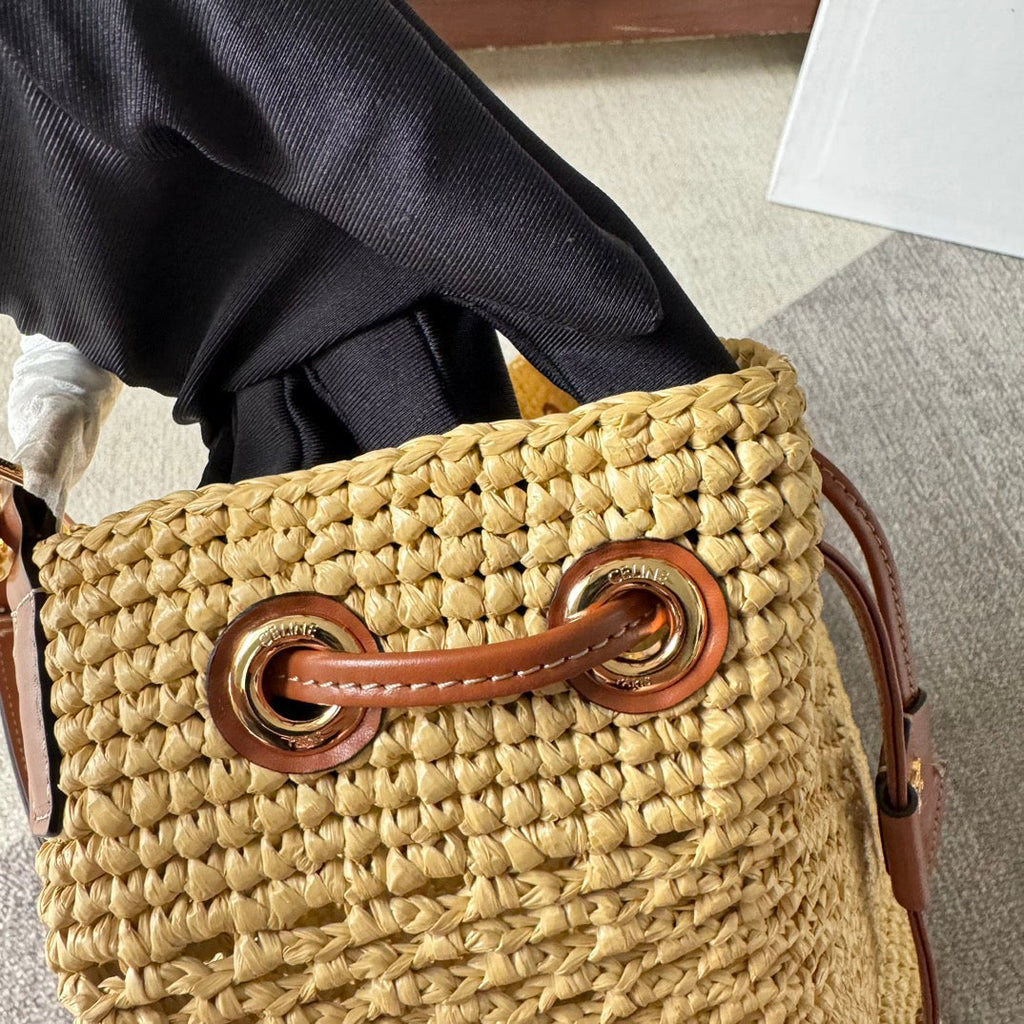 Celine Clara Classic Panier 25 in Beige Raffia and Brown Calfskin Bag