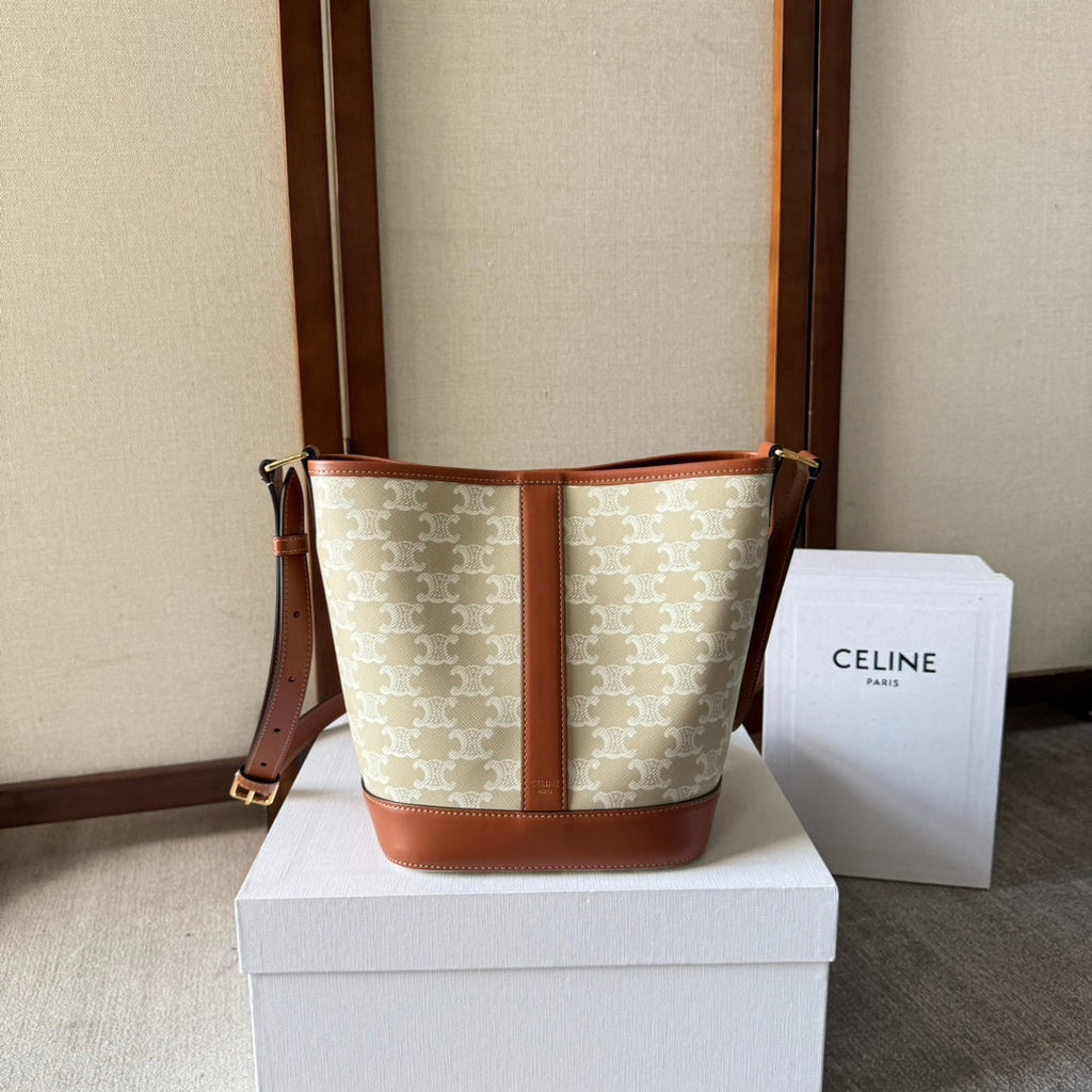 Celine Bucket 30 in Beige Triomphe Canvas and Red Brown Calfskin Trim