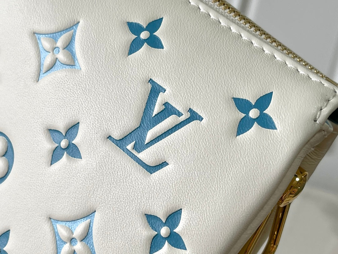 Louis Vuitton Coussin PM 26 in White Blue Monogram Embossed Lambskin Gold Hardware Bag