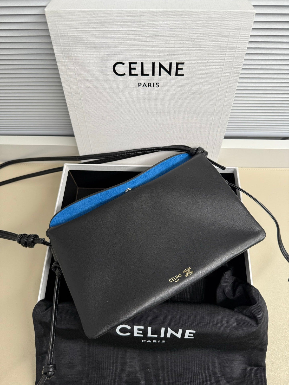 Celine 25S Trio Flap 22mm in Black Smooth Lambskin Gold Hardware Bag