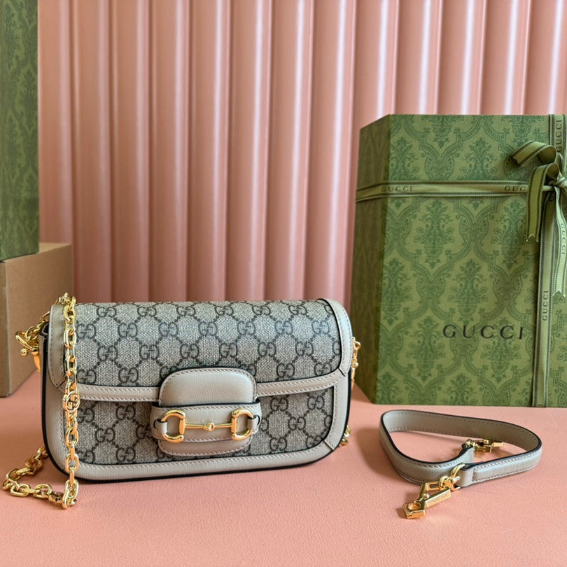 Gucci Horsebit 1955 Bag 24 in Beige Canvas and White Calfskin