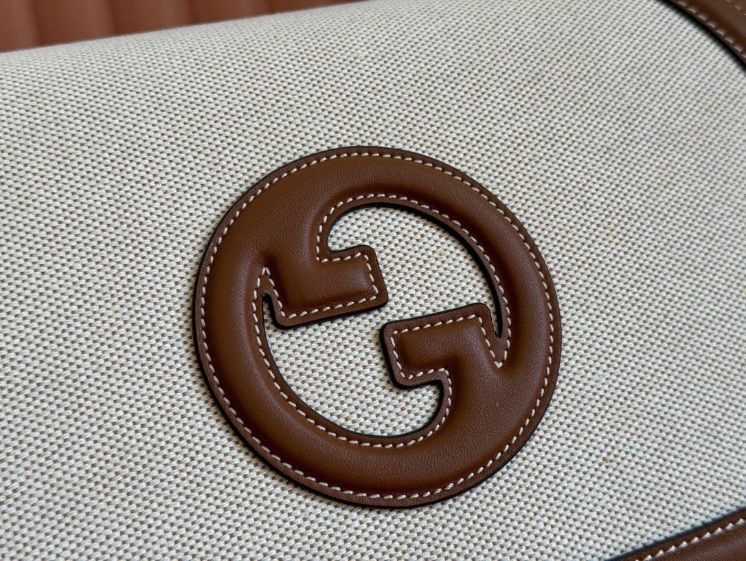 Gucci Blondie Large Top Handle Bag 32 in Natural Cotton Linen Canvas Brown Calfskin