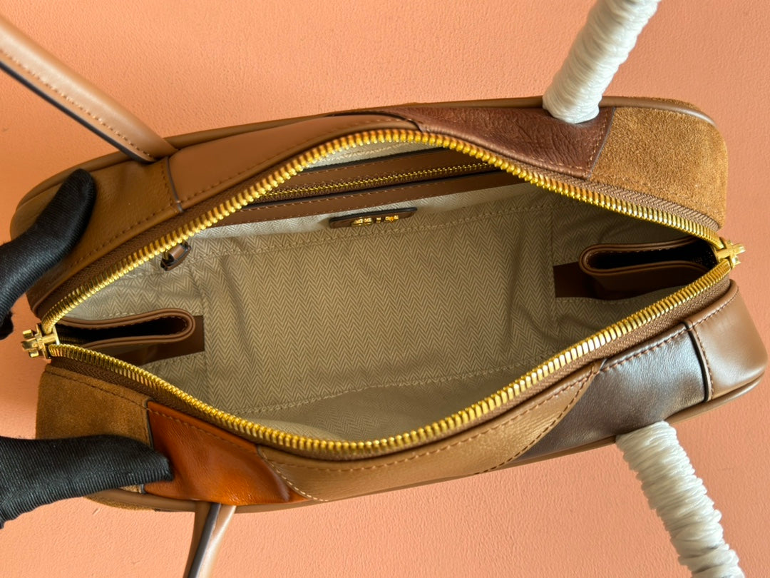 Beau Top Handle Bag 28 in Cognac Leather Patchwork