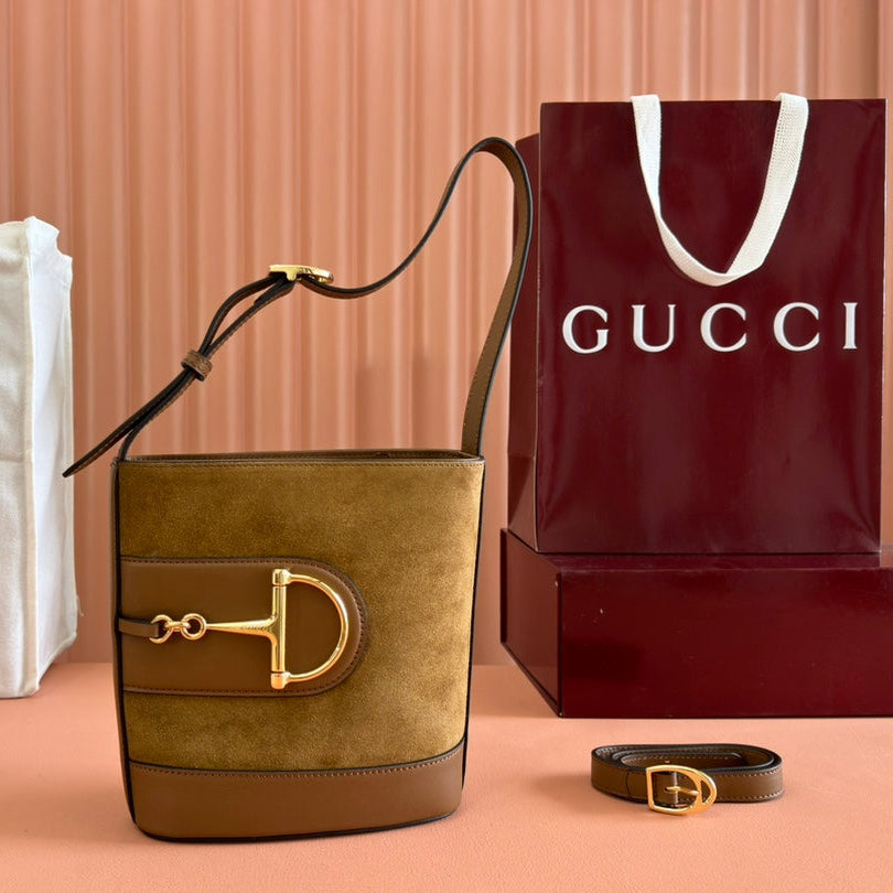 Gucci 73 Small Bucket Bag 20 in Brown Soft Suede and Calfskin