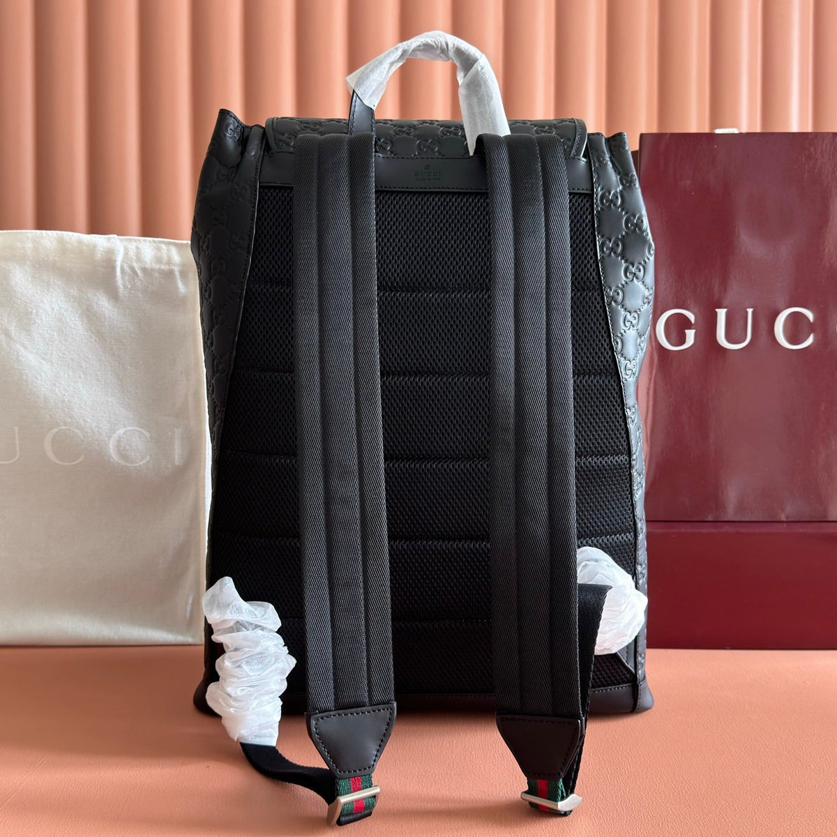 Gucci 26S Emblem Backpack 44 in Black Embossed Calfskin
