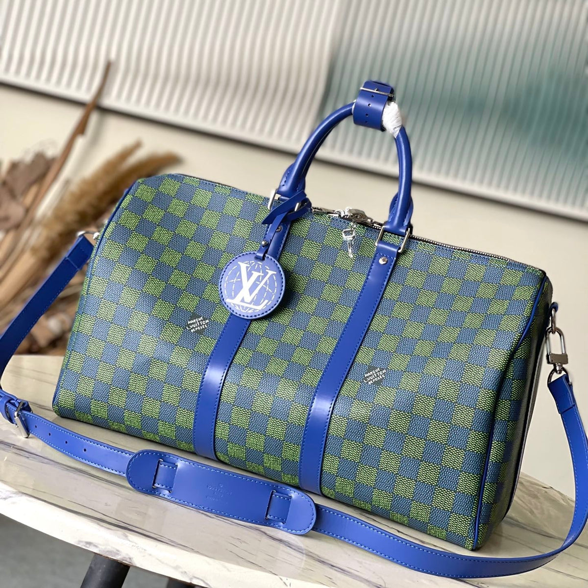 Louis Vuitton Keepall Bandoulière 45 in Blue Green Damier Heritage Coated Canvas Bag
