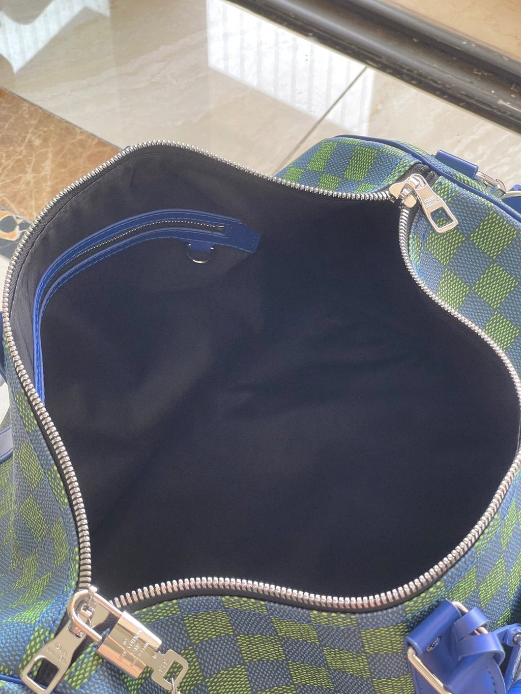 Louis Vuitton Keepall Bandoulière 45 in Blue Green Damier Heritage Coated Canvas Bag