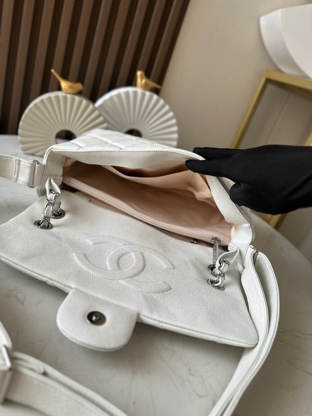 Chanel 25S Shoulder Bag 40 in White Caviar with Silver Hardware