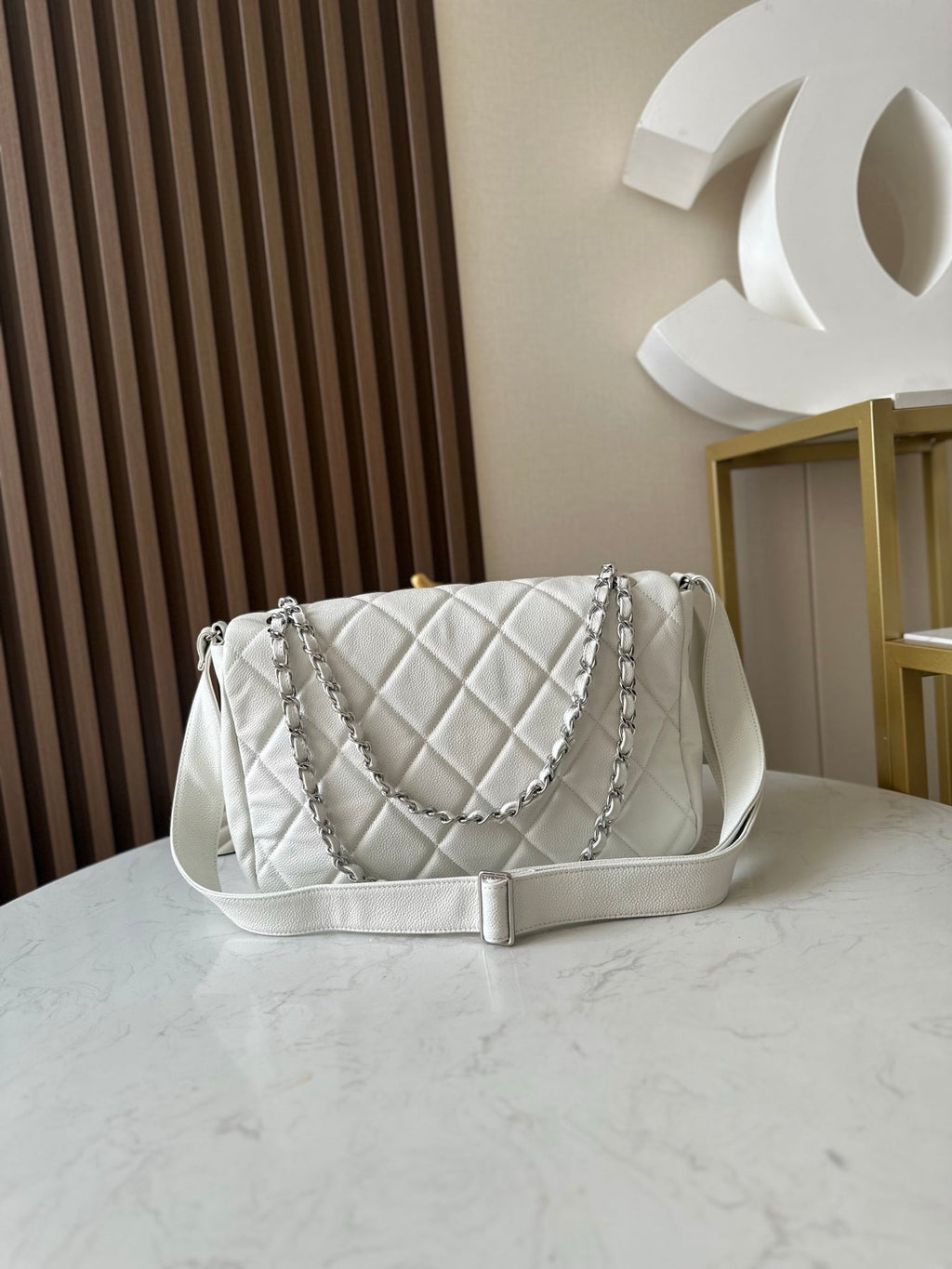 Chanel 25S Shoulder Bag 40 in White Caviar with Silver Hardware