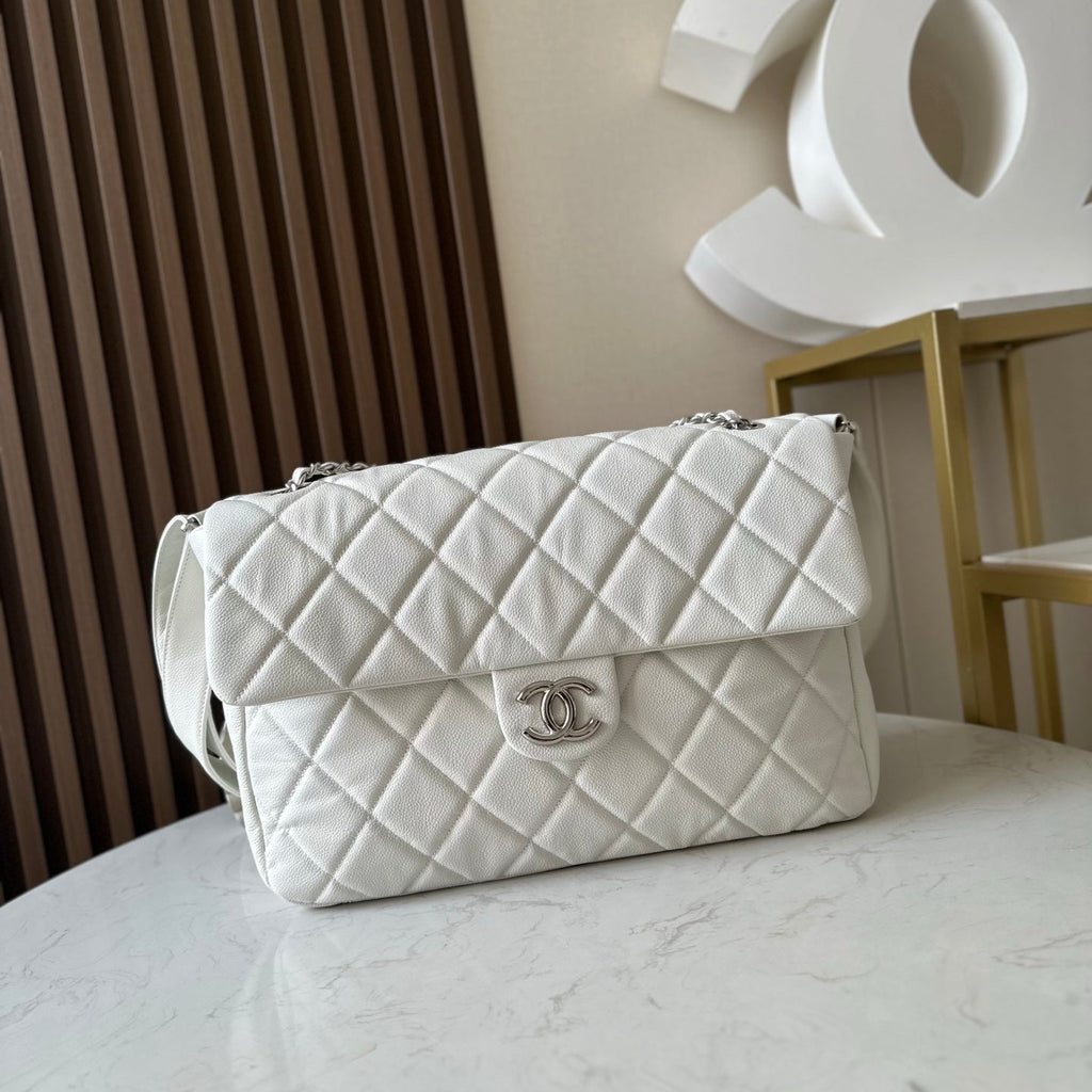 Chanel 25S Shoulder Bag 34 in White Caviar with Silver Hardware