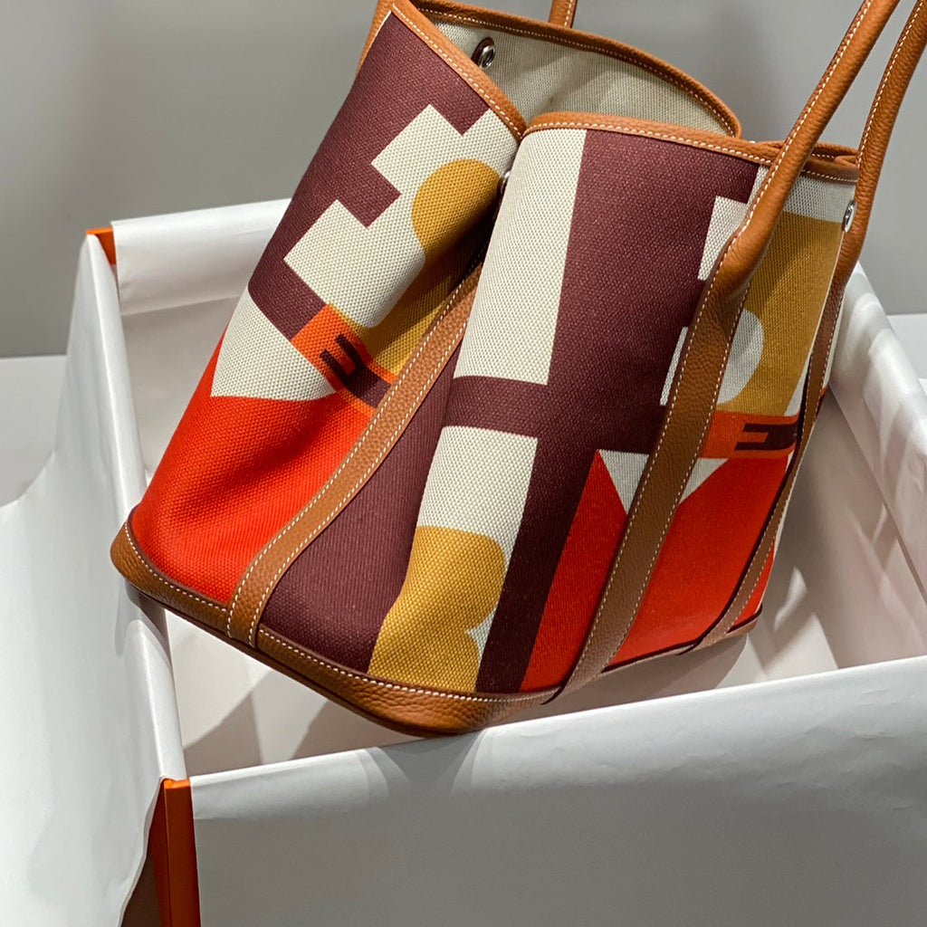 Hermes Garden Party 36 in Multicolor Toile H Canvas Gold Calfskin Abstract Geometric Blocks Print Bag