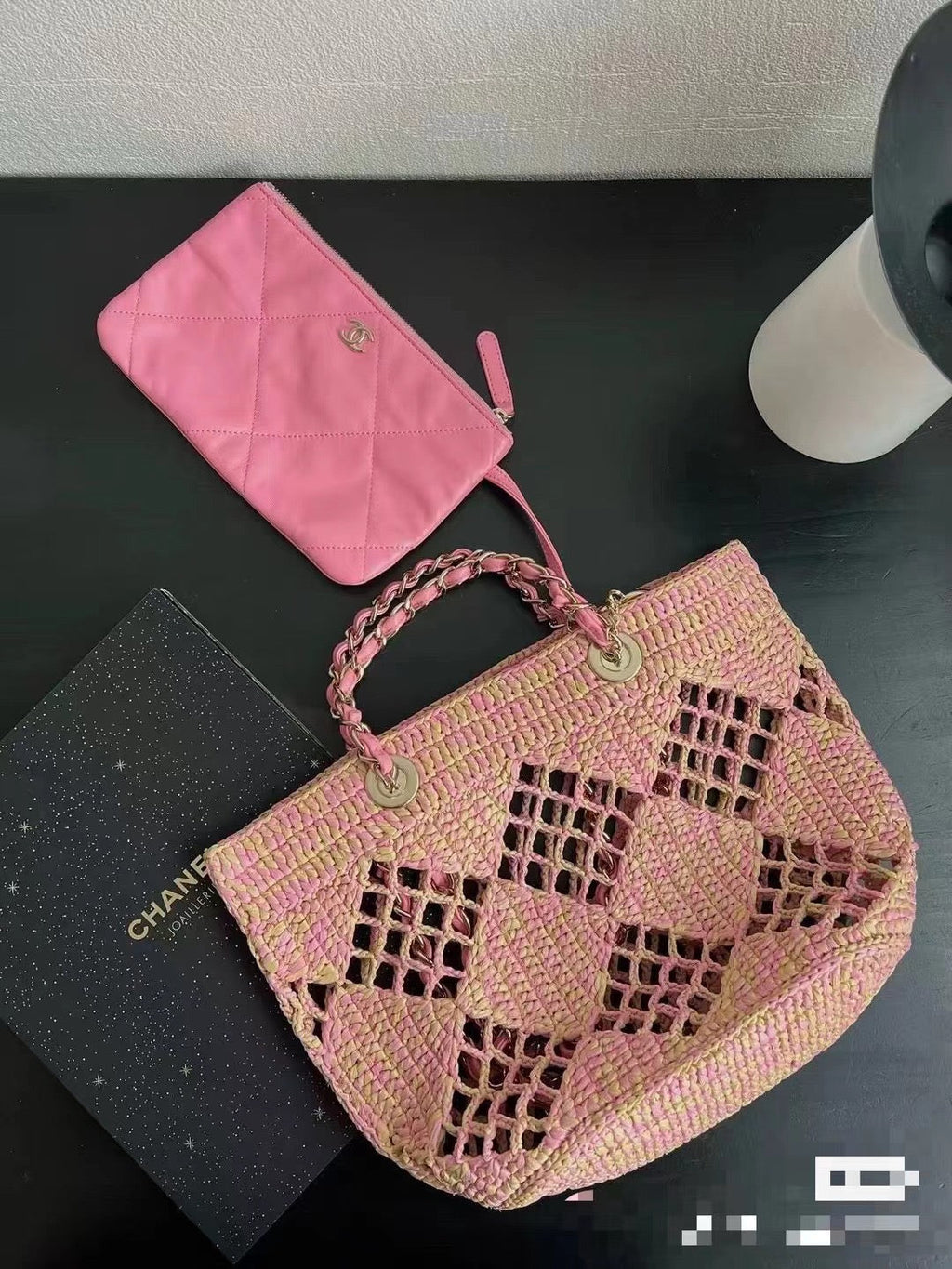 Chanel 25S Tote Bag 32 cm in Pink Raffia