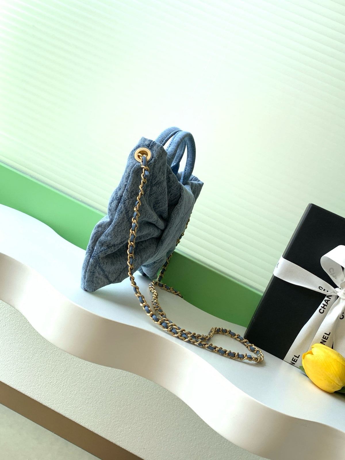 Chanel 25S Maxi Bow Bag 26 in Blue Denim with Gold Hardware