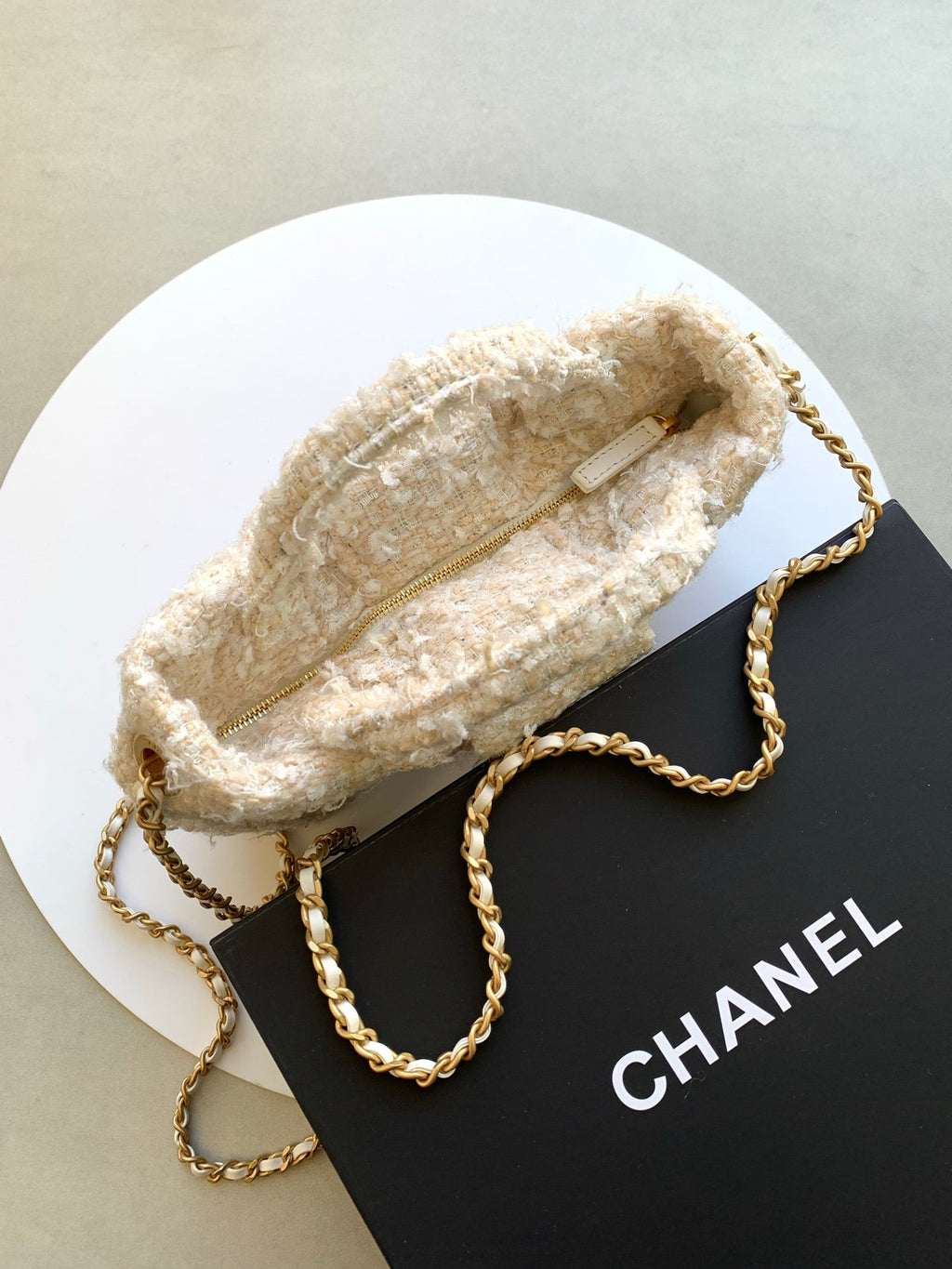 Chanel 25S Bow Bag 26 in Cream White Tweed with Gold Hardware