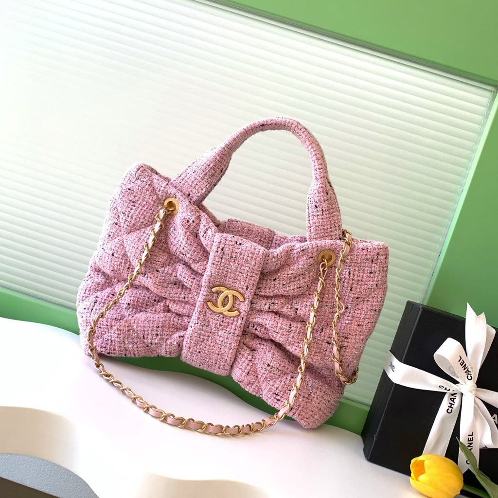 Chanel 25S Bow Bag 38 in Pink Tweed with Gold Hardware