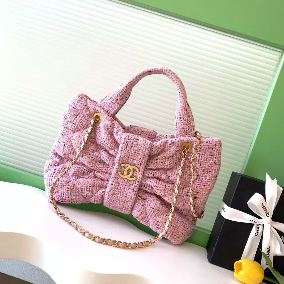 Chanel 25S Bow Bag 38 in Pink Tweed with Gold Hardware