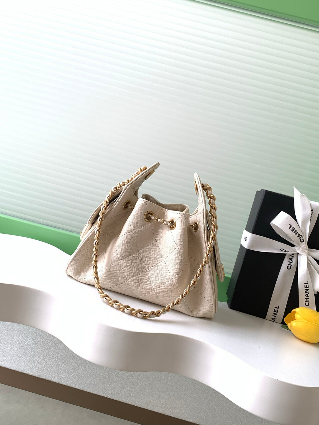 Chanel 25S Hobo Bag 22 in Light Beige Caviar Leather with Gold Hardware