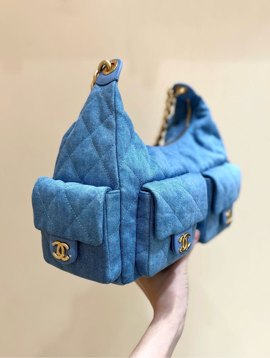 Chanel 25S Large Hobo Bag 35 in Light Blue Denim Gold Hardware
