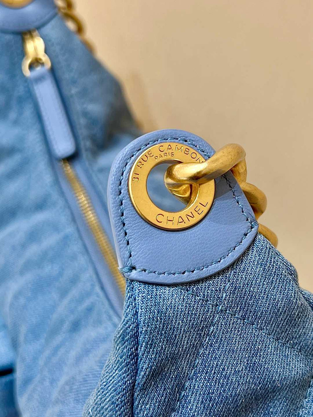 Chanel 25S Large Hobo Bag 35 in Light Blue Denim Gold Hardware