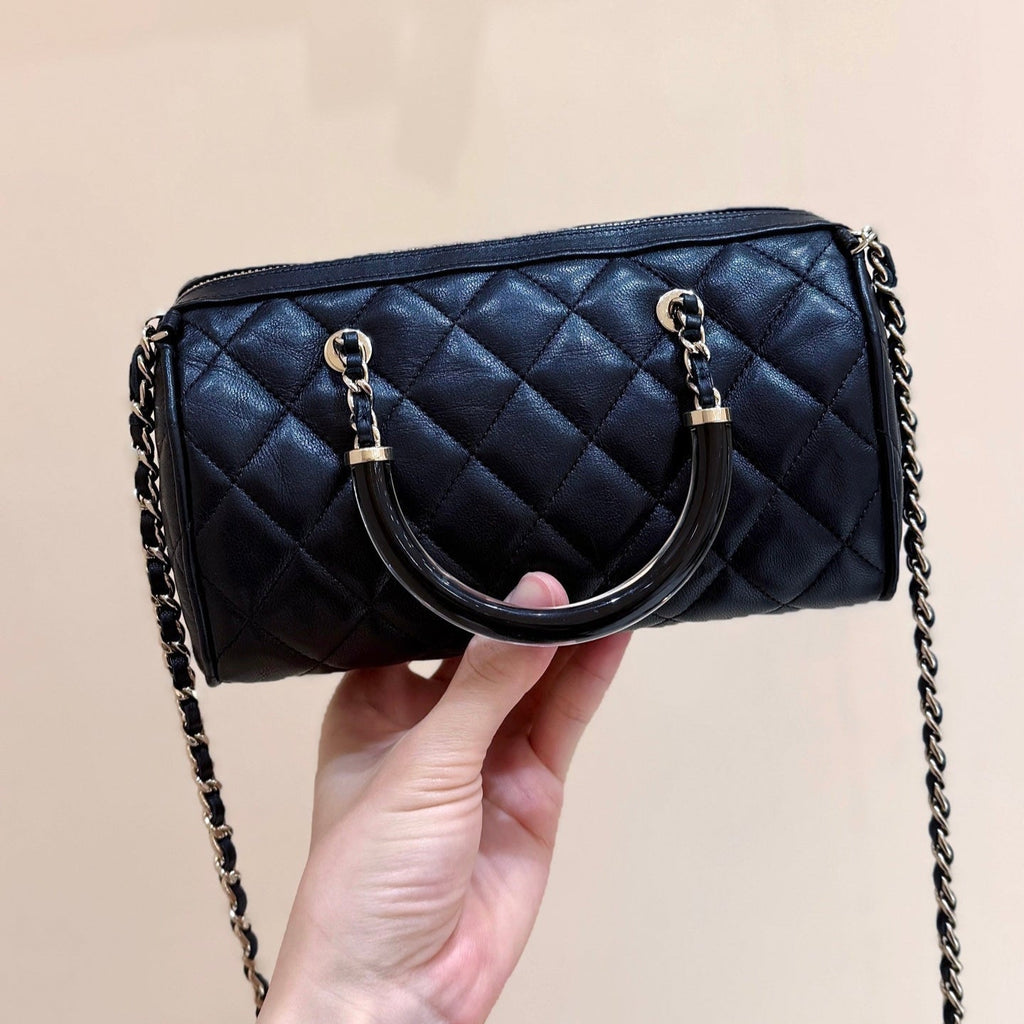 Chanel Boston Matelasse Caviar Shoulder Handbag 18 in Black Lambskin