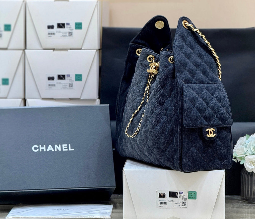 Chanel 25 Handbag 40 in Black Denim Gold Hardware