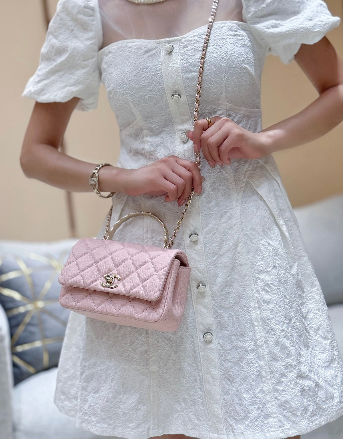 Chanel 25S Coco Crush Handle 18 in Pink Calfskin Gold Hardware Bag