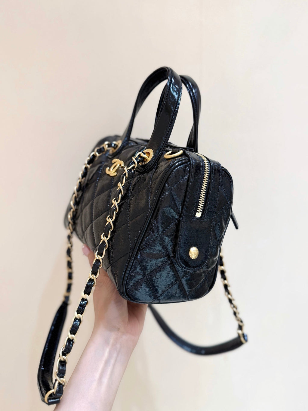 Chanel 25S Small Bowling Bag 21 in Black Calfskin Gold Hardware