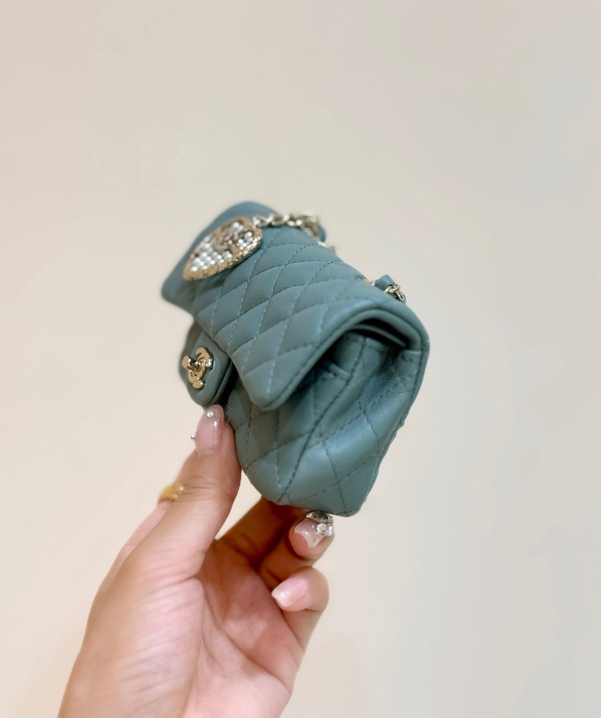 Chanel 25S Mini Cf Bag 12 in Muted Teal Lambskin Heart Model