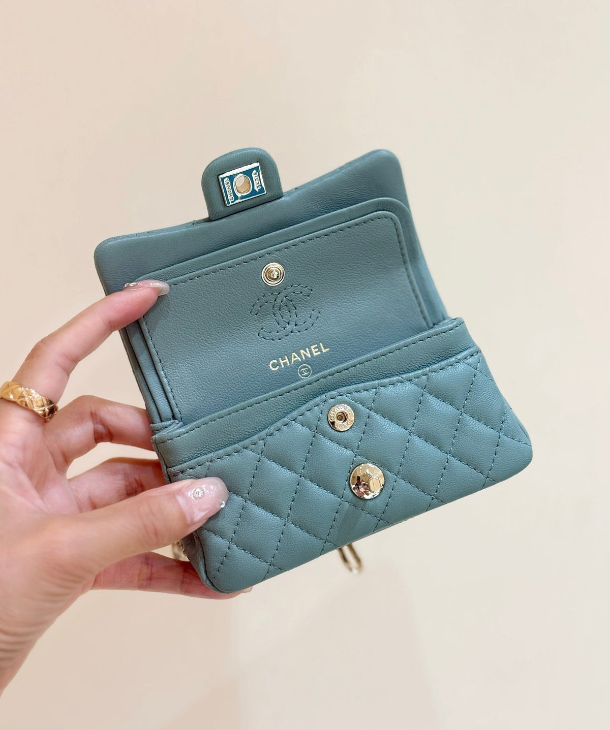 Chanel 25S Mini Cf Bag 12 in Muted Teal Lambskin Heart Model