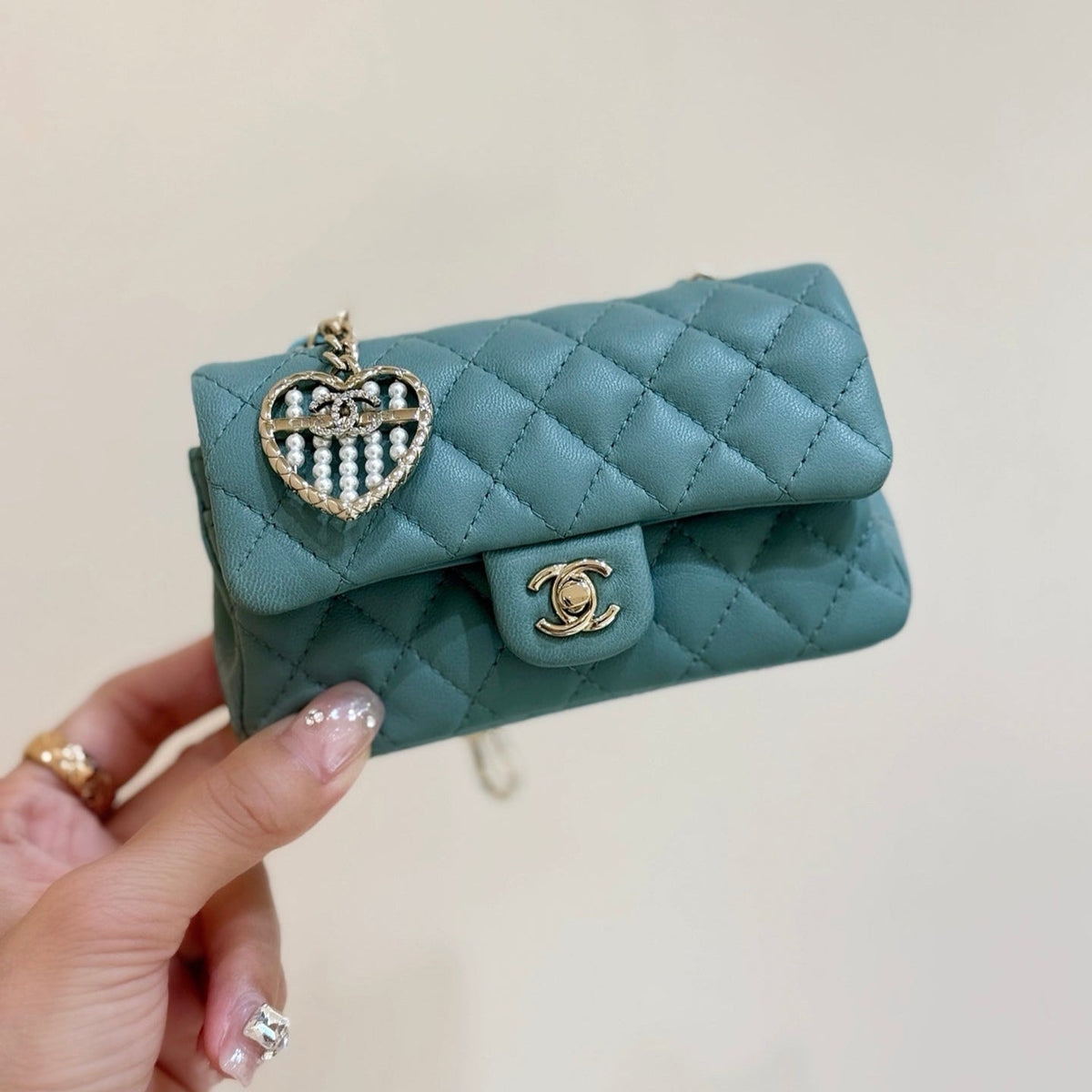 Chanel 25S Mini Cf Bag 12 in Muted Teal Lambskin Heart Model